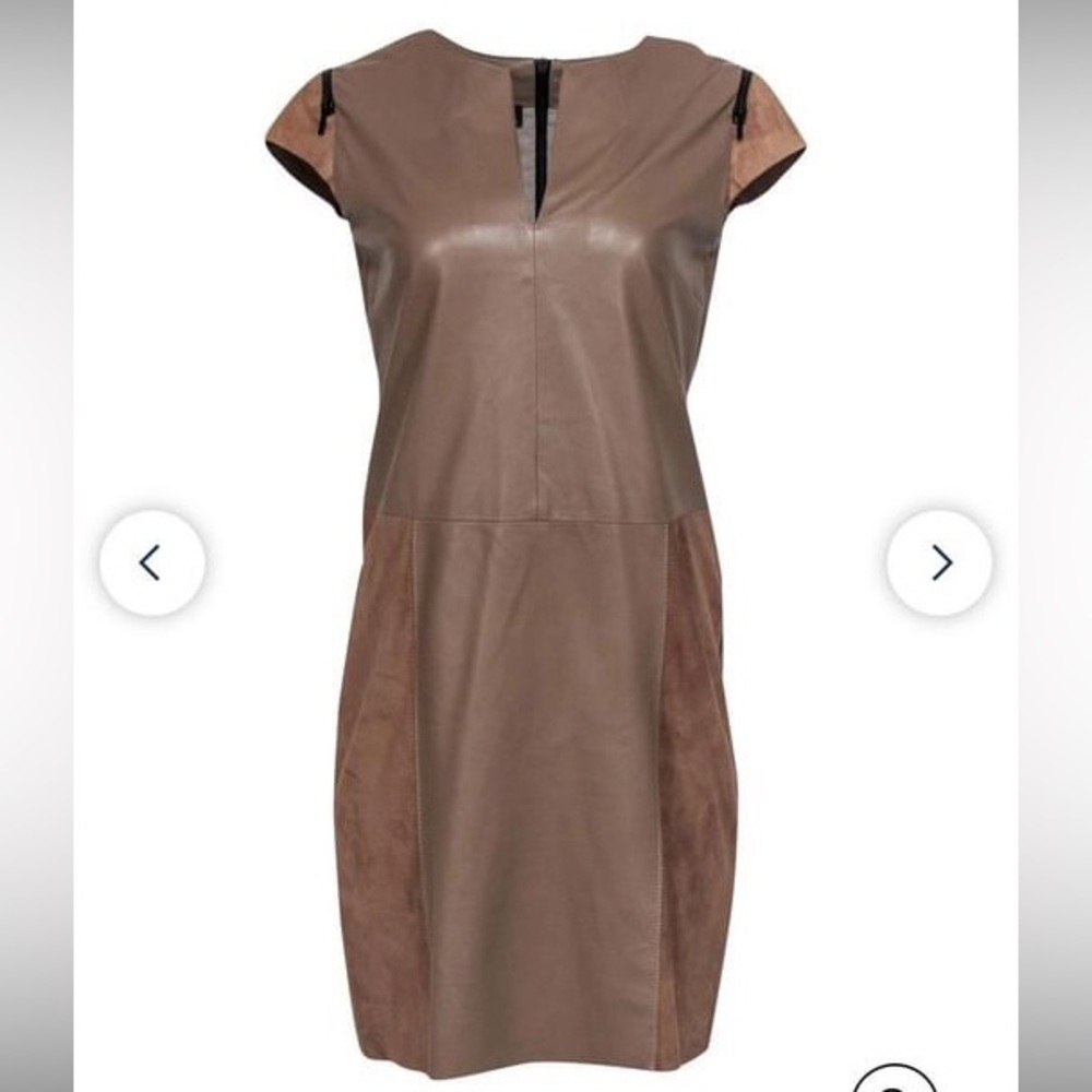 Porsche Design - Taupe Leather & Suede Notch Neckline Sheath Dress